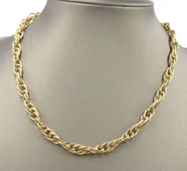 18kt Yellow gold textured finish fancy oval double link chain necklace