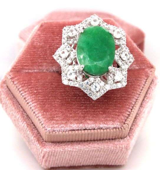 Adorable 9.50CTW Oval Faceted Emerald & 2.30CTW White Sapphire Ring in Sterling Silver