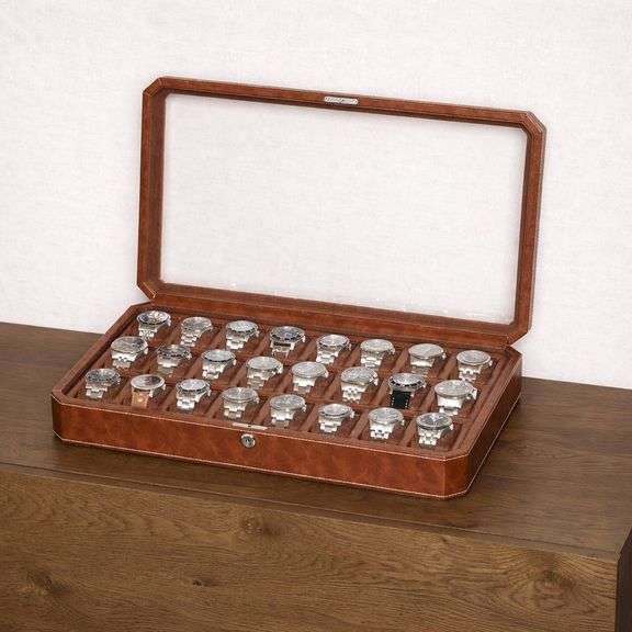 24 Slot Leather Watch Display Case with Glass Lid