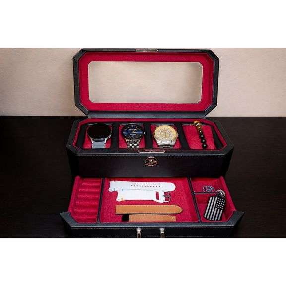 Leather Watch Display Box with Glass Lid and Valet Drawer