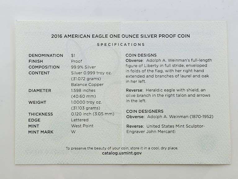 2016-W Proof American Silver Eagle, OGP