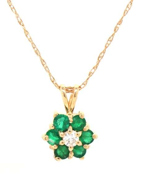 14kt Yellow gold emerald and diamond flower pendant on chain