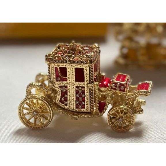 Faberge-Style Egg Trinket Box 6.6 Inch Red with Carriage