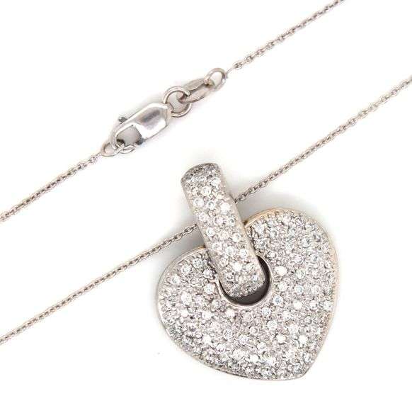 18kt White gold 1.50ctw pave diamond heart shaped pendant on chain