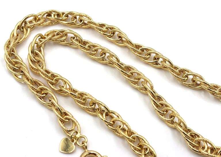 18kt Yellow gold textured finish fancy oval double link chain necklace