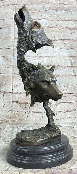 Two Wolves Head Bust Bronze Sculpture