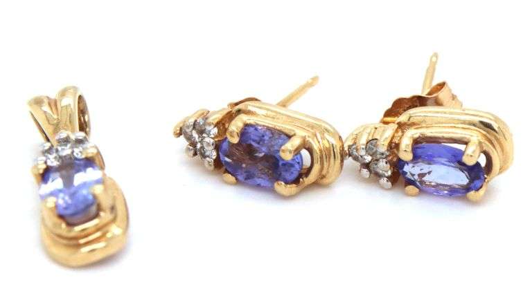 Feminine 14K YG Tanzanite & Diamond Earrings and Pendant