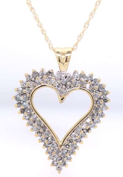 10kt Yellow gold double row open diamond heart pendant on chain