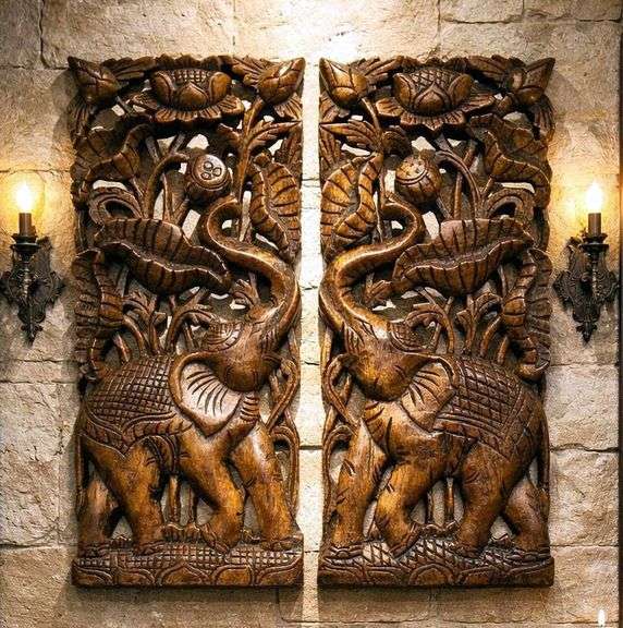 Set of 2 Hand-Carved Elephant Teak Wood Wall Panels