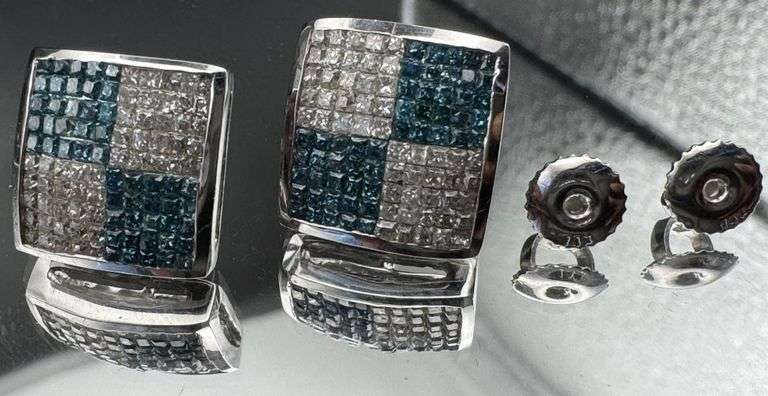 14K White Gold Princess Cut Blue & White Diamond Cluster Earrings of 1.90 CT