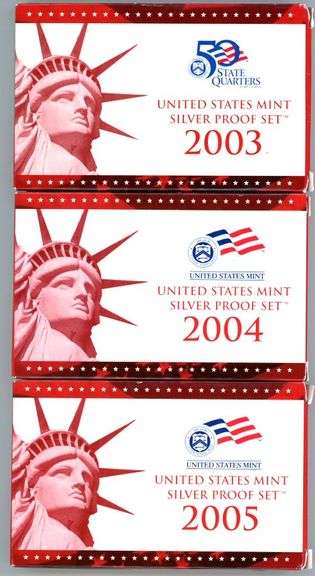 3 Complete 10-pc 2003, 2004, & 2005 SILVER Proof Sets. Original Packaging