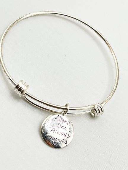 925 Sterling Silver Expandable Wire  "Always Sisters Always Friens " Charm Bangle