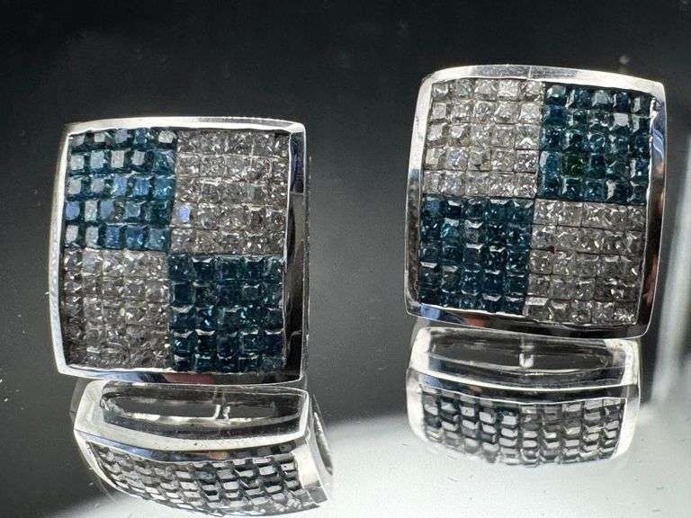 14K White Gold Princess Cut Blue & White Diamond Cluster Earrings of 1.90 CT