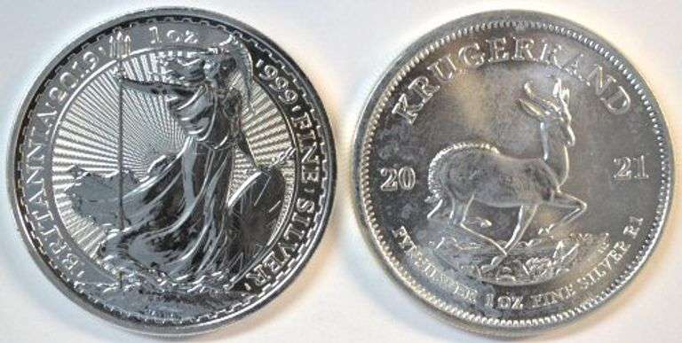 Superb Gem BU 2019 2 Pound British Britannia 1 oz silver & 2021 1 oz silver Krugerrand