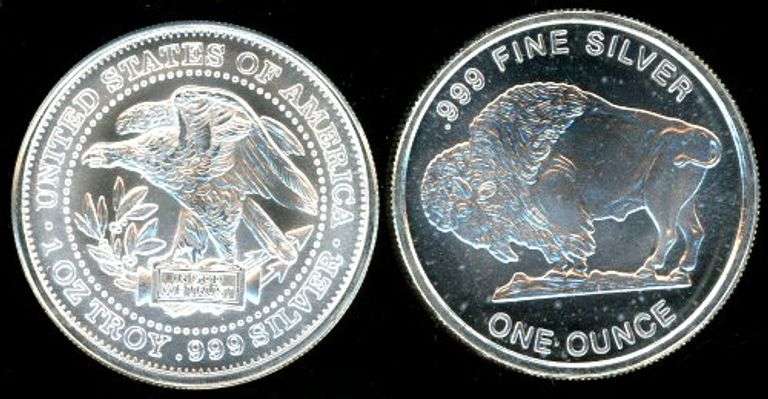 2 Different Designs of 1 Troy Ounce .999 Silver Rounds