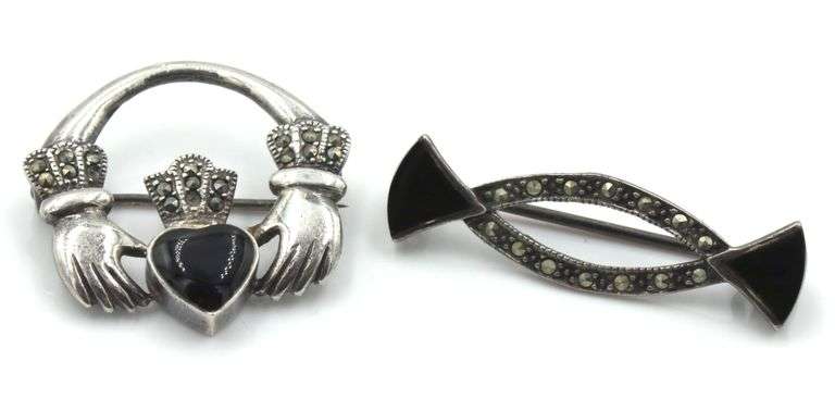 Vintage 925 sterling silver lot of 2 Marcasite brooches