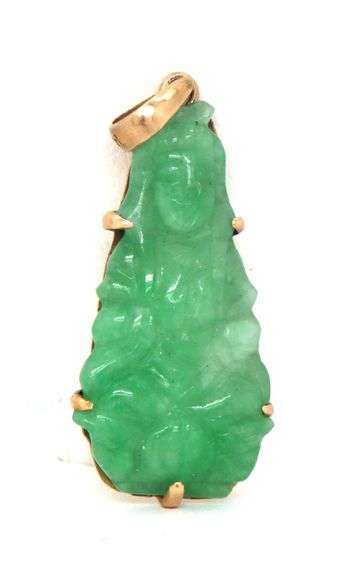 Carved Jade Buddha Pendant set in 14K YG