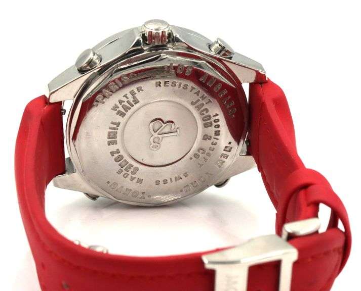 Jacob & Co five time zone quartz 40mm diamond bezel on red trap leather watch