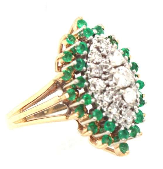 14kt Yellow gold 0.35ctw diamond and emerald cluster marquise shaped ring