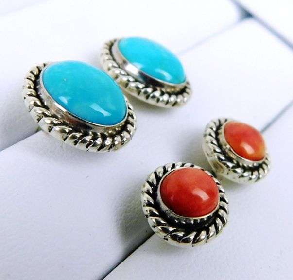 2 Pairs Sterling Turquoise & Coral Earrings