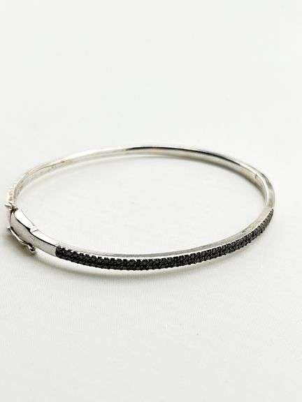 925 Sterling Silver Two Row Pave Of Black Crystal On Top Bangle