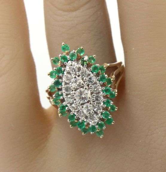 14kt Yellow gold 0.35ctw diamond and emerald cluster marquise shaped ring
