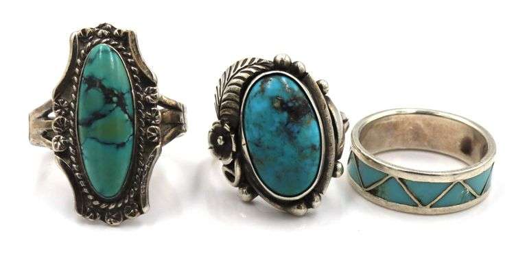 Group lot of 3 Vintage 925 sterling silver turquoise rings