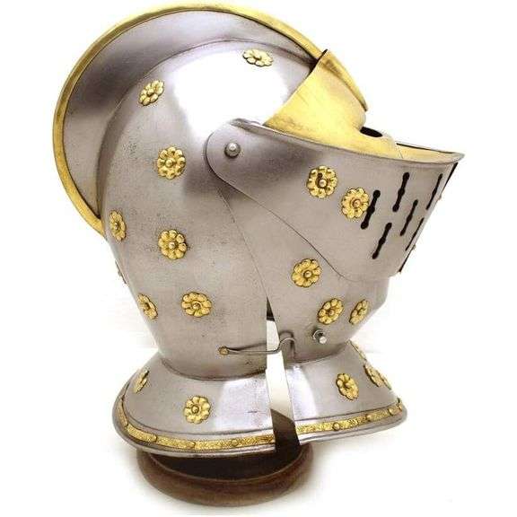 Medieval Knight Closed Helmet Steel and Brass Armor