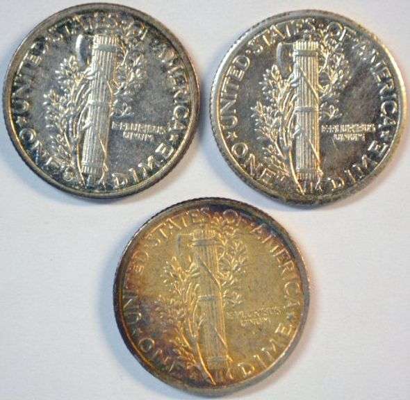 Original rainbow-toned 1930-S, 1934-P, & 1938-S Mercury Dimes in nice AU