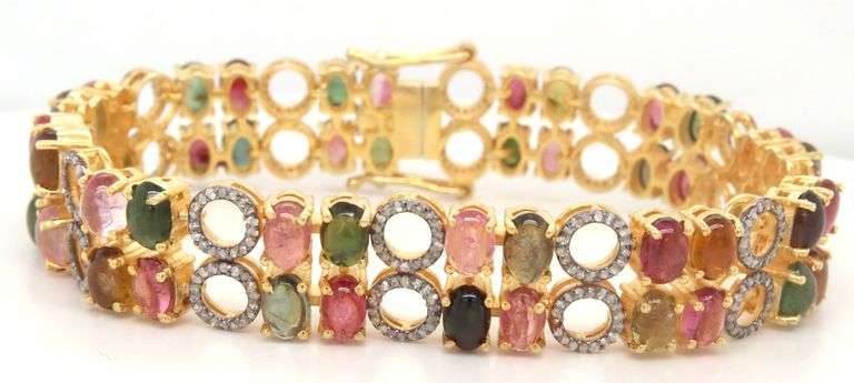Heart Throbbing 18.00CTW Oval Shaped Faceted Multi-colored tourmaline & 3.00CTW  Diamond Bracelet in