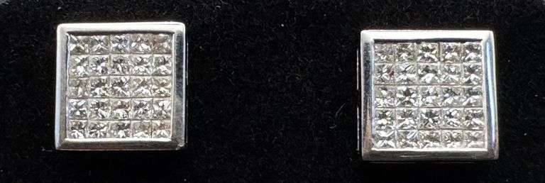 14K White Gold Princess Cut Diamond Cluster Earrings of 1.0 CT