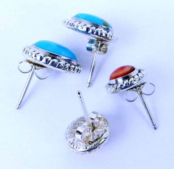 2 Pairs Sterling Turquoise & Coral Earrings