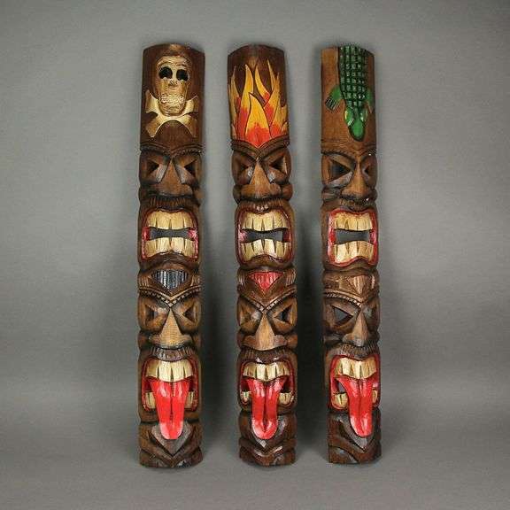 Set of 3 Wooden Tiki Mask Totems