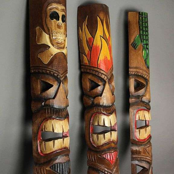 Set of 3 Wooden Tiki Mask Totems
