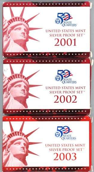 3 Complete 10-pc 2001, 2002, & 2003 SILVER Proof Sets. Original Packaging