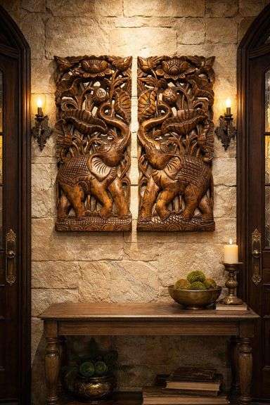 Set of 2 Hand-Carved Elephant Teak Wood Wall Panels