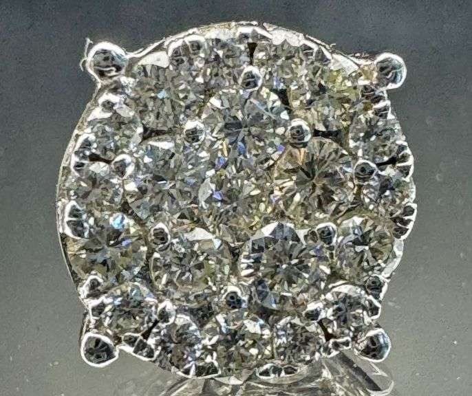 14K White Gold Round Brilliant Cut Diamond Cluster Earrings of 1.0 CT