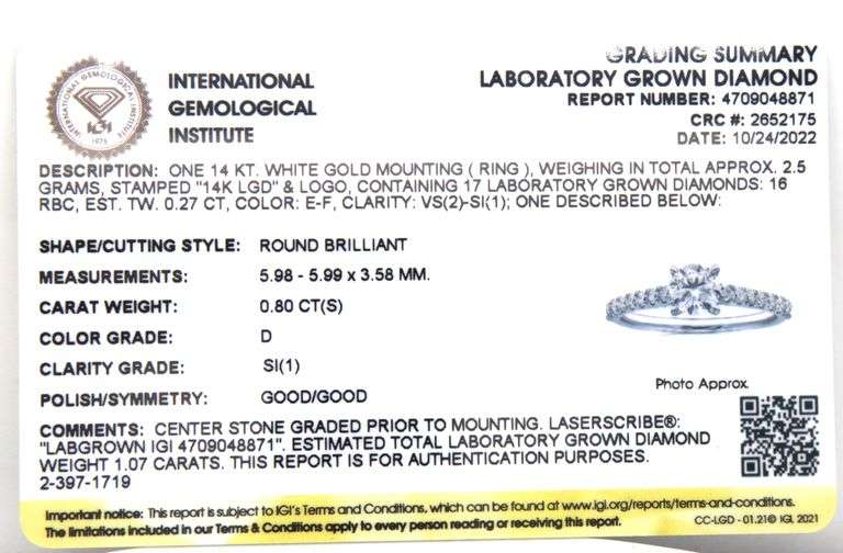 14kt White gold 0.80ct Lab grown diamond engagement ring