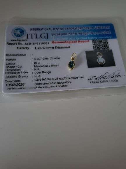 Certified Yellow Gold Blue Lab Diamond Pendant