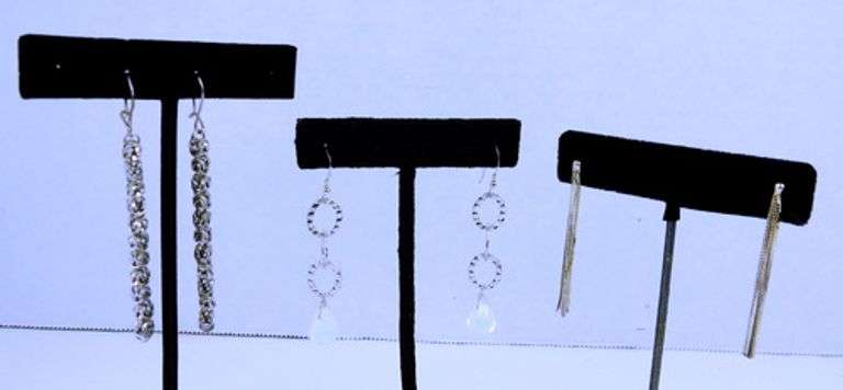 3 Pairs of Long Sterling Silver Earrings