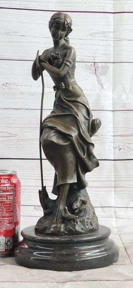 Sexy Maiden Holding Rose Flower in Garden Bronze Sculpture