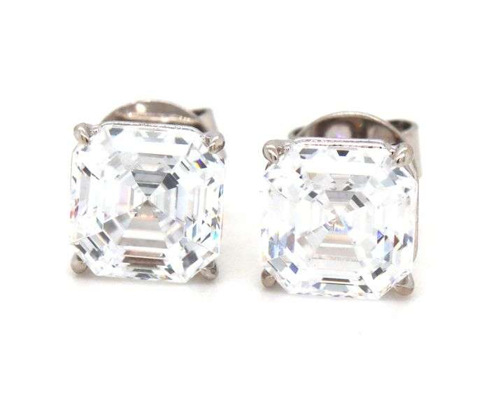 14kt White gold Asscher cut cubic zirconia stud earrings