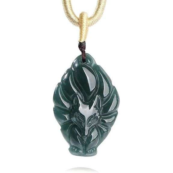 Natural Green Jade Nine Tailed Fox Pendant Amulet