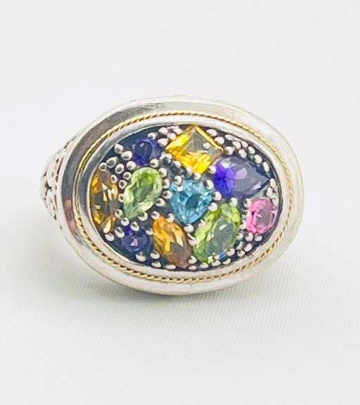 925 Sterling Silver EFFY Balisssima Multi Gemstone And Ornate 18KT Yello Gold Accent Ring