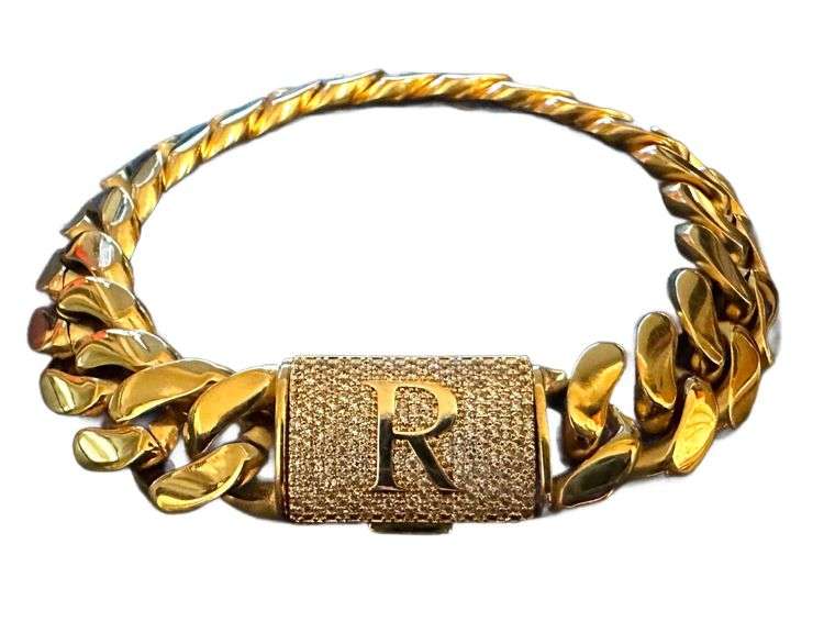 Sharp Gold Plate Monogramed Initial "R" Curb Link Bracelet