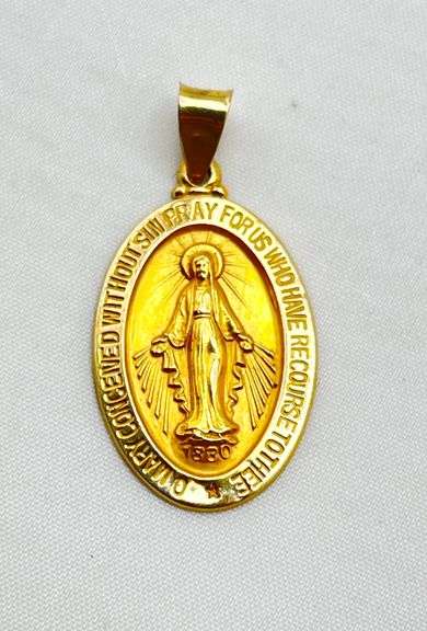 14KT Yellow Gold Hollow Miraculous Medal Oval Pendant