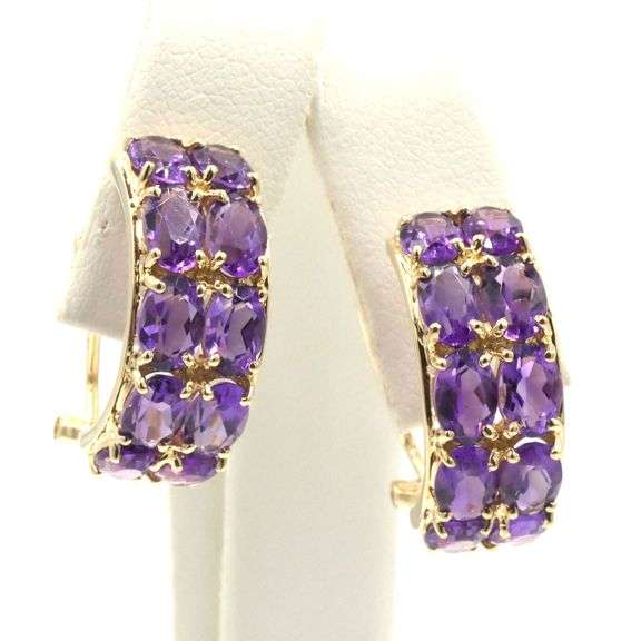 14kt Yellow gold amethyst double row oval earrings