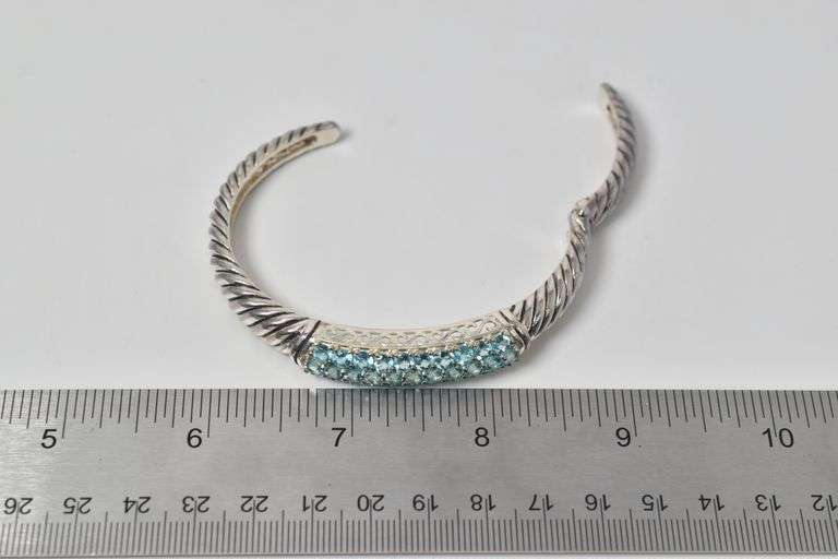 Sterling Silver Blue Topaz Gemstone Hinged Cuff Bracelet