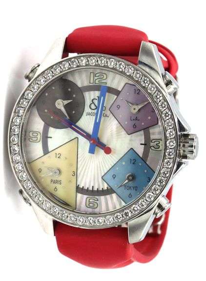 Jacob & Co five time zone quartz 40mm diamond bezel on red trap leather watch