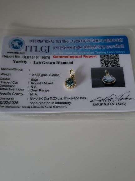 Certified Yellow Gold Blue Lab Diamond Pendant